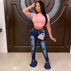 Classic Butterfly Print Tassel Ripped Hole Slim Jeans LSD-8759