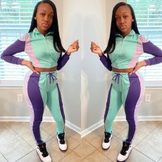 Color Block Zipper Long Sleeve Pants Two Piece Set SXF-1088