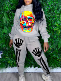 Skull Print Hooded Sweatshirt Casual Sports Suit SXF-1078