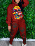Skull Print Hooded Sweatshirt Casual Sports Suit SXF-1078