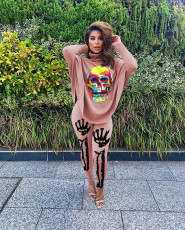 Fashion Casual Skull Print Bat Sleeve Split Top And Pants Set SXF-1084