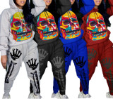 Skull Print Hooded Sweatshirt Casual Sports Suit SXF-1078