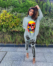 Fashion Casual Skull Print Bat Sleeve Split Top And Pants Set SXF-1084