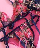 Floral Print Lace Bra G-string with Garter Belt 3 Pieces Sexy Lingerie Set YQ-W426