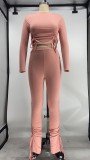 Solid Long Sleeve Split Pants Two Piece Sets XMY-9277