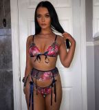 Floral Print Lace Bra G-string with Garter Belt 3 Pieces Sexy Lingerie Set YQ-W426