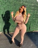 Solid Long Sleeve Split Pants Two Piece Sets XMY-9277