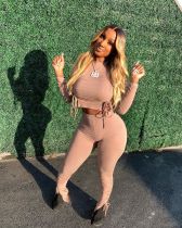 Solid Long Sleeve Split Pants Two Piece Sets XMY-9277