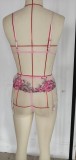 Floral Print Lace Bra G-string with Garter Belt 3 Pieces Sexy Lingerie Set YQ-W426