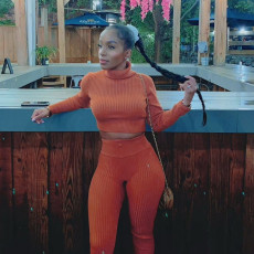 Solid Long Sleeve Turtleneck Two Piece Pants Sets HMS-5408