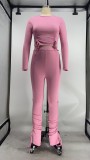 Solid Long Sleeve Split Pants Two Piece Sets XMY-9277