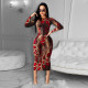 Snake Skin Print Full Sleeve Slim Long Dress FENF-058