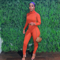 Solid Long Sleeve Turtleneck Two Piece Pants Sets HMS-5408