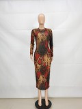 Snake Skin Print Full Sleeve Slim Long Dress FENF-058