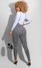 Houndstooth Plaid Long Sleeve Suspenders Pants 2 Piece Sets SFY-203