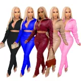PU Leather Long Sleeve Ruched Two Piece Sets BS-1243