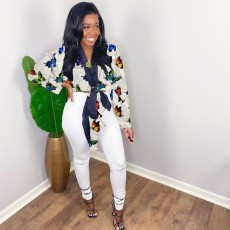 Trendy Printed Long Sleeve Tie Up Blouse Tops SHD-9453