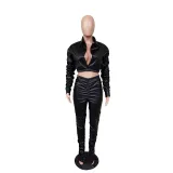PU Leather Long Sleeve Ruched Two Piece Sets BS-1243