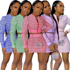 Plaid Print Long Sleeve Zipper Mini Skirt 2 Piece Sets LM-8177