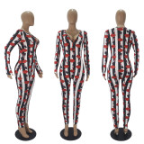 Casual Striped Lips Print Long Sleeve Jumpsuit SHD-9460