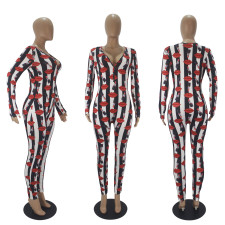 Casual Striped Lips Print Long Sleeve Jumpsuit SHD-9460