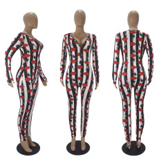Casual Striped Lips Print Long Sleeve Jumpsuit SHD-9460