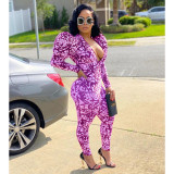 Trendy Printed Puff Sleeve Zipper Jumpsuit OMY-8082