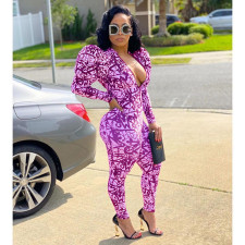 Trendy Printed Puff Sleeve Zipper Jumpsuit OMY-8082
