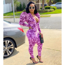 Trendy Printed Puff Sleeve Zipper Jumpsuit OMY-8082