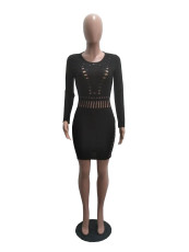 Sexy Hole Hollow Out Long Sleeve Bodycon Dress OMY-5040