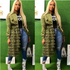 Plus Size Solid Color Casual Mesh Splice Zipper Jacket OMY-5072