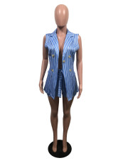 OL Striped Print Sleeveless Coat And Shorts Two Piece Set With Belt OMY-8023