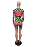 Sexy Plaid Letter Print Long Sleeve Zipper Rompers OMY-5130