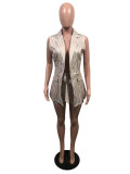 OL Striped Print Sleeveless Coat And Shorts Two Piece Set With Belt OMY-8023