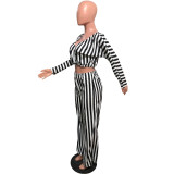 Sexy Striped V Neck Crop Top Pants Two Piece Sets OMY-8098