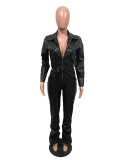 Sexy Zipper Ruched Faux Leather Jumpsuit (With Adjustable Belt) OMY-8006