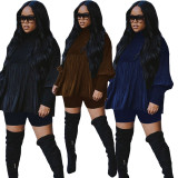 Solid Long Sleeve Folds Two Piece Shorts Set OMY-8100
