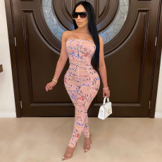 Sexy Tube Top Print Ruched Jumpsuit OMY-8021