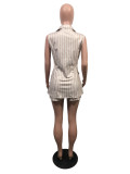 OL Striped Print Sleeveless Coat And Shorts Two Piece Set With Belt OMY-8023