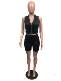 Fashion Casual Sleeveless Hooded Zipper Top And Shorts Two Piece Set OMY-8032