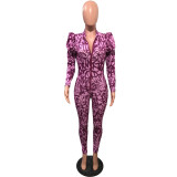 Trendy Printed Puff Sleeve Zipper Jumpsuit OMY-8082