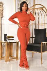 Casual Solid Turtleneck Stacked Pants 2 Piece Sets OMY-8103
