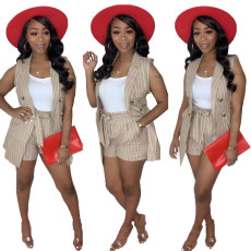 OL Striped Print Sleeveless Coat And Shorts Two Piece Set With Belt OMY-8023