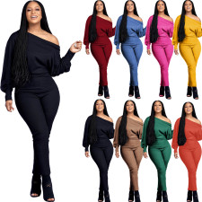 Solid Slash Neck Long Sleeve Jumpsuit OMY-8083