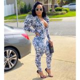 Trendy Printed Puff Sleeve Zipper Jumpsuit OMY-8082