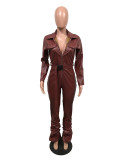 Sexy Zipper Ruched Faux Leather Jumpsuit (With Adjustable Belt) OMY-8006