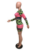 Sexy Plaid Letter Print Long Sleeve Zipper Rompers OMY-5130