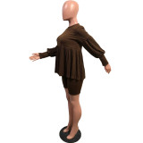 Solid Long Sleeve Folds Two Piece Shorts Set OMY-8100