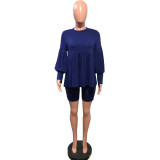 Solid Long Sleeve Folds Two Piece Shorts Set OMY-8100