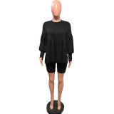 Solid Long Sleeve Folds Two Piece Shorts Set OMY-8100